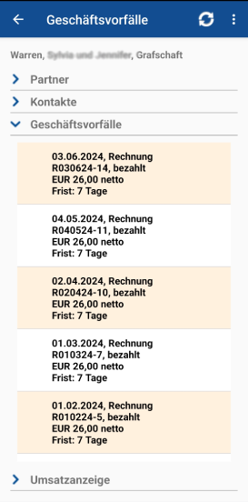 Kundendienst.App Geschäftsvorgänge wie Rechnungen ... direkt aus dem ERP über das Cockpit einsehen