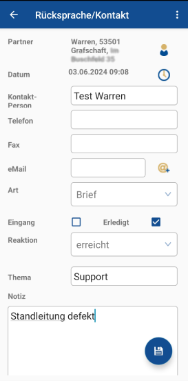 Kundendienst.App Kundenkontakt direkt in das CRM eintragen und ggfs Rücksprache einstellen